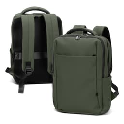 A soft-touch, olive green daily backpack with padded straps and a zippered front pocket. It features a logo on the side.