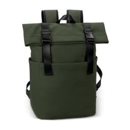 A green soft-touch flap backpack with adjustable straps and two front pockets, featuring a logo.