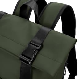 A soft-touch flap backpack in forest green with black straps and a buckle closure. It features a logo on the strap.