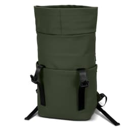 A dark green soft-touch flap backpack featuring adjustable straps and an exterior pocket. It has a sleek, modern design.