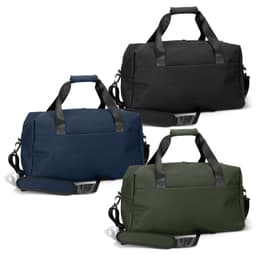 A duffle bag collection featuring black, navy, and olive green bags with dual handles and a shoulder strap.