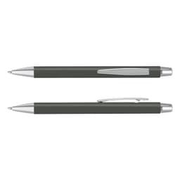A grey laser cut logo pen with a shiny silver clip and accents, displayed from two angles.
