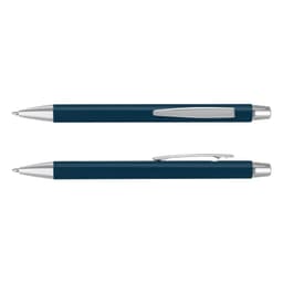 A dark blue laser cut logo pen with silver accents, featuring a smooth barrel and clip design.