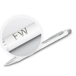 A white pen with a silver clip and a laser-cut logo on the barrel.