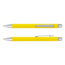A yellow pen with silver accents and a clip, featuring a laser cut logo on the barrel.