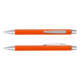 An orange pen with a silver clip and accents, featuring a logo design.