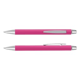 A pink pen with silver accents, featuring a clip and a smooth barrel, showcasing a simple design with a logo.