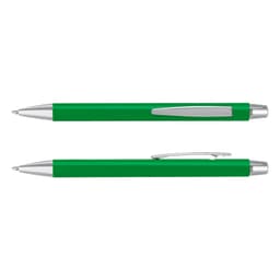 A green laser cut logo pen with a silver clip and accents, displayed from two angles.