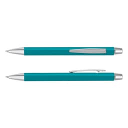A teal pen with a silver clip and accents, featuring a logo on the barrel.