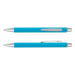 A laser cut logo pen in bright blue with silver accents. Features a sleek design and a clip for convenience.