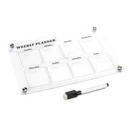 A clear acrylic weekly planner with sections for each day and a whiteboard marker included. Features chrome corners.