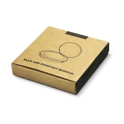 A brown cardboard box containing the Ella LED Compact Mirror, featuring a simple round design.