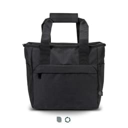 A black cooler bag with two handles, featuring a zippered compartment and side pockets. It also has a logo.