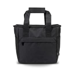 A black cooler bag with sturdy handles and a front pocket, featuring a logo on the side.