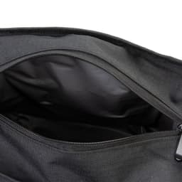 A black cooler bag with a zippered opening, revealing a spacious, insulated interior.