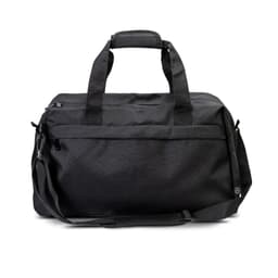 A black recycled duffle bag with dual handles and an adjustable shoulder strap. It features a logo.