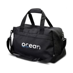 A black recycled duffle bag with handles and a removable shoulder strap. It features a logo on the side.