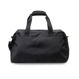 A black recycled duffle bag featuring sturdy handles and a zipper closure, with a logo on the side.