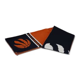 A custom knitted scarf featuring orange and black with a basketball motif and a logo.