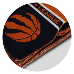 A knitted scarf in navy blue and orange, featuring a basketball design and an emblem. It has a logo on it.