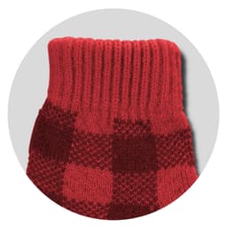 Knitted gloves in red and dark red checkered pattern, featuring a ribbed cuff. Includes a logo.