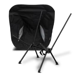 A black lightweight folding chair with a mesh back and adjustable legs, featuring a simple and compact design.