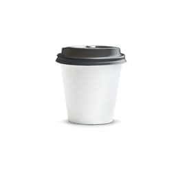 A white paper coffee cup with a black lid, sized at 180ml, featuring a logo.