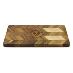 A wooden chopping board with a chevron pattern and a logo engraved on its surface.
