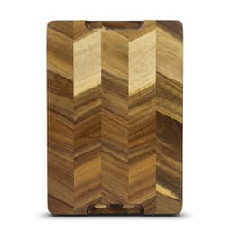 A wooden chopping board featuring a chevron pattern in various shades of brown. It has a logo on the surface.