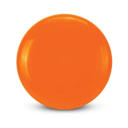 An orange frisbee with a smooth surface and slight ridges around the edge, featuring a logo.