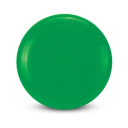 A green frisbee with a smooth, circular design and subtle grooves around the edge. It features a logo.