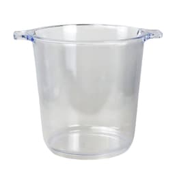 A clear plastic ice bucket with sturdy handles, featuring a smooth, translucent design.