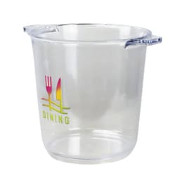 A clear plastic ice bucket with a handle, featuring a logo with cutlery and the word "DINING."