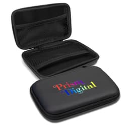 A black carry case with a rainbow holographic print inside, featuring mesh pockets and a zip closure.
