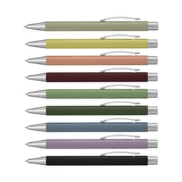 A collection of ten stylish pens in various muted colours with silver accents and clip mechanisms.