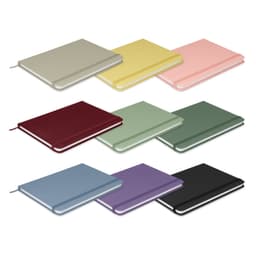 A set of notebooks in various colours, including beige, yellow, pink, burgundy, green, blue, purple, and black, with a sleek design.