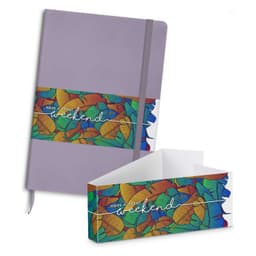 A purple notebook with a colourful leaf-patterned band and a matching pen gift set. The set includes a box.