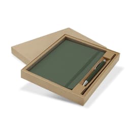 A green notebook and matching pen are presented in a light brown gift box. The set includes an outer box.