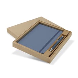 A blue notebook and pen set, presented in a brown kraft box. The set includes a matching pen.