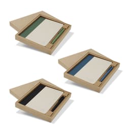 A gift set featuring a notebook and pen in green, blue, and black, presented in a cardboard box.