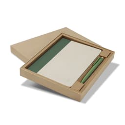 A green and cream notebook with a matching pen inside a cardboard gift box. The set is neatly arranged and closed.