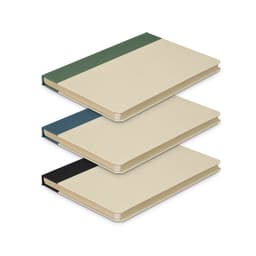 A notebook gift set featuring three hardcover notebooks in green, blue, and black with cream pages and branding.