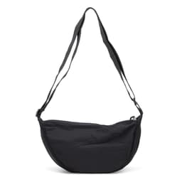A black shoulder bag with a curved shape and two adjustable straps, featuring a logo on the front.