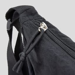 A black bag featuring a zip closure and adjustable strap, with a woven texture. It includes a logo on the side.