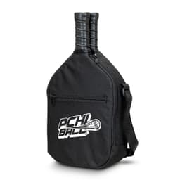 A black pickleball bag with a zippered pocket and two handles for paddles, featuring a logo on the front.