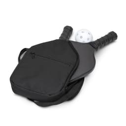 A black pickleball set featuring two paddles and a white ball, stored in a black carrying bag.