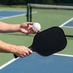 A black pickleball paddle held in a hand, alongside a white perforated pickleball, on a court with nets in the background.