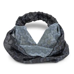 A custom elastic headband featuring a patterned design in shades of grey and black, with a lightweight fabric.