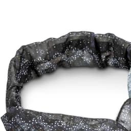 A custom elastic headband featuring a patterned design in shades of black and grey, with a small logo.