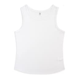 A white women's active tank top featuring a fitted design and a small logo tag.